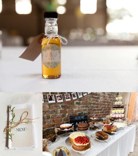 DIY wedding decorations including strawberry cake and rosemary table names