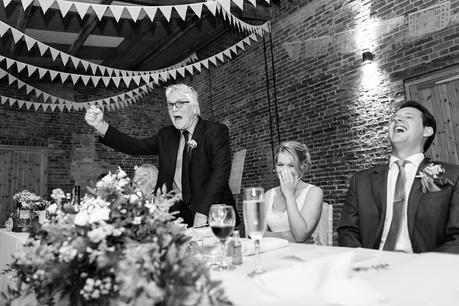 speech bride reacting to father Bride & Groom portraits in barley field Barmbyfield Barn Wedding Photography