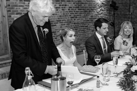 speech bride reacting to father Barmbyfield Barn Wedding Photography