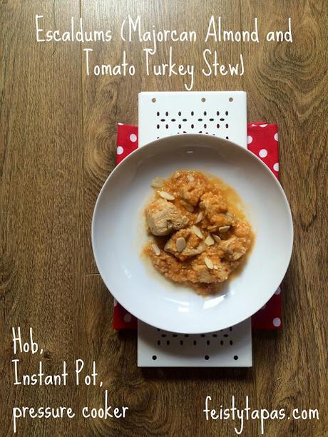 Escaldums (Spanish Turkey Stew with Almonds) - Hob, Instant Pot and Pressure Cooker Methods - 500 g diced turkey breast,1 tablespoon extra virgin olive oil or oil of your choice, 1 large onion, 2 garlic cloves, 125 ml dry white wine, 125 ml chicken stock (I used the Quirky cooking paste with 125 ml water), 3 vine-ripened tomatoes, 40 g almonds, plus a handful for serving, 1 bay leaf, Salt and black pepper