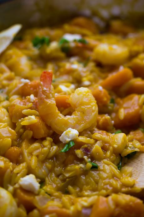 One Pot Shrimp and Squash Orzo One Pot Shrimp and Squash Orzo, a healthy pasta dish that is packed with butternut or acorn squash and shrimp and sprinkled with feta cheese! Ready in under 45 minutes.