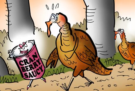 detail image Thanksgiving theme love-struck turkey holding hands with can of cranberry sauce walking in woods don't know where they met but bound to end in tragedy