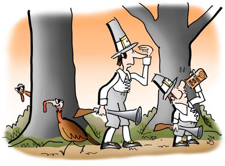 Thanksgiving theme two pilgrims hunting with muskets drinking Pumpkin Juice can't see turkeys because wearing sunglasses