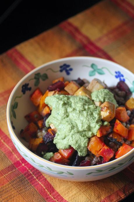 Beets, Butternut Squash, and Tofu Bowl with Cheezy Pesto