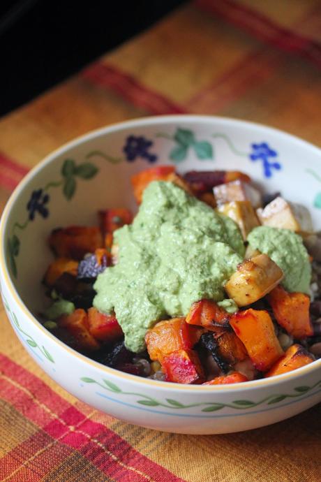 Beets, Butternut Squash, and Tofu Bowl with Cheezy Pesto