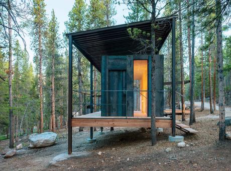Modern Colorado prefab cabin by Outward Bound made of steel and birch plywood interior