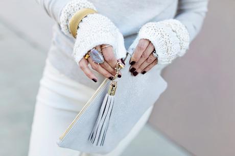 winter neutral outfit, how to wear a faux fur scarf, holiday fingerless gloves, tassel leather pouch, target
