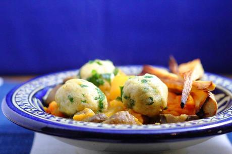 Root Vegetable Casserole with Parsley Dumplings close-up