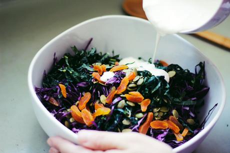 Raw Kale Pumpkin Seeds + Apricot Salad with Yogurt Dressing /// + New (Free) Recipe eBook ///