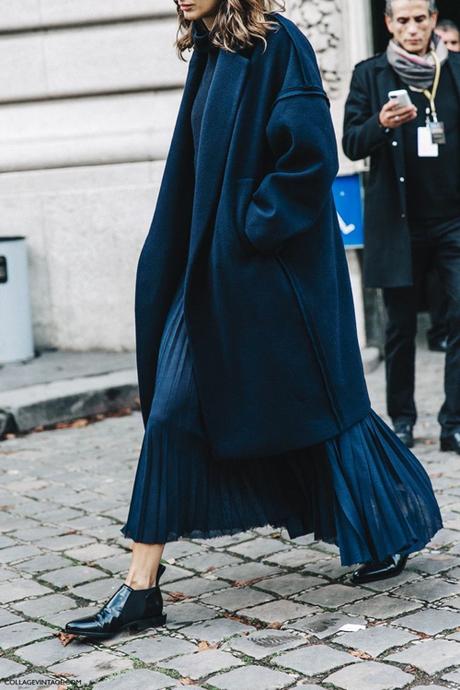 Blue Pleated Skirt Blue Overcoat Blue Tote Street Style