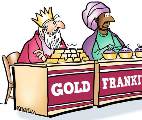 detail image Magi three Wise Men at craft fair tables selling gold frankincense myrrh Charles Dickens Oliver Twist with bowl asking can I have some more myrrh
