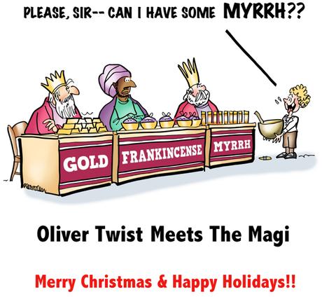 Magi three Wise Men at craft fair tables selling gold frankincense myrrh Charles Dickens Oliver Twist with bowl asking can I have some more myrrh