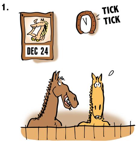 detail image 4 panel cartoon about legend animals talk at midnight on Christmas Eve one horse waiting to tell second horse a cow joke