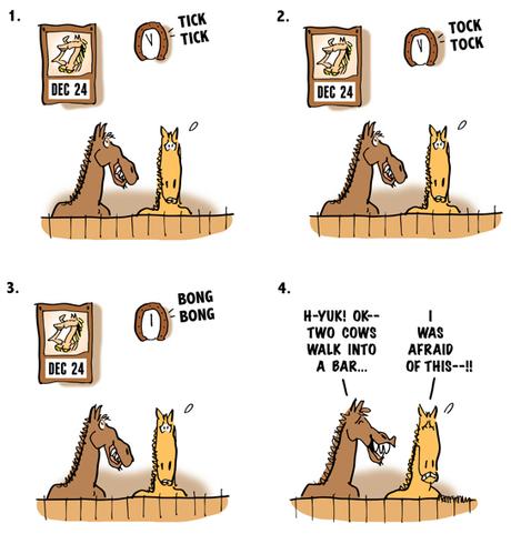 4 panel cartoon about legend animals talk at midnight on Christmas Eve one horse waiting to tell second horse a cow joke