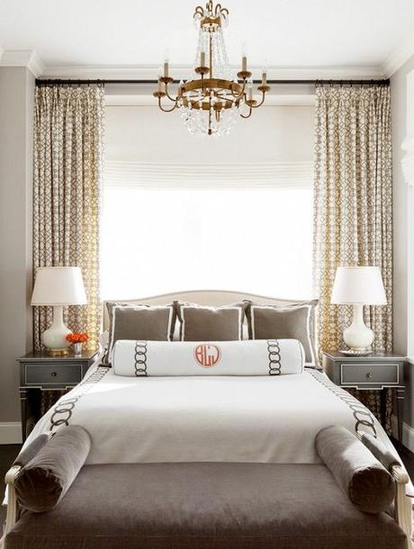 Bedroom Window Big open window, white lamps, grey furniture, small chandelier and monogrammed bedding: