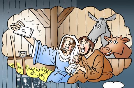 Christmas cover for Inland Register detail image Mary Joseph Jesus taking selfie in stable at Bethlehem