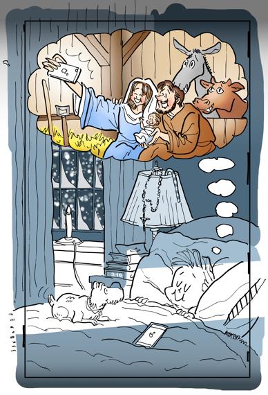 Before final crop image Christmas cover for Inland Register little boy sleeping dog iPhone on bed dreaming of Mary Joseph Jesus taking selfie in stable at Bethlehem