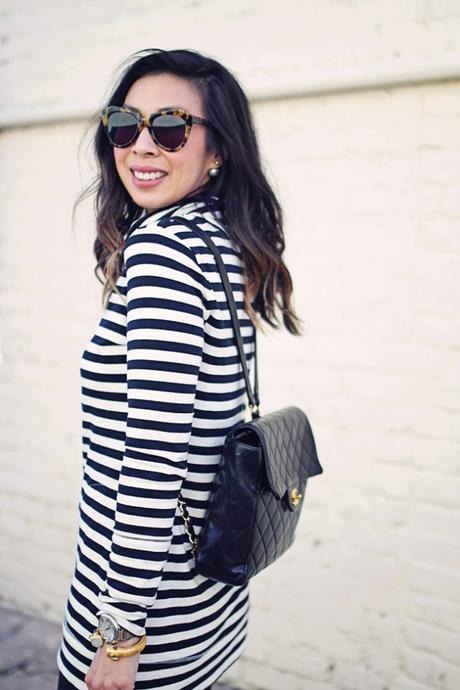 target striped tunic, leather leggings, chanel backpack