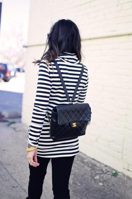 target striped tunic, leather leggings, chanel backpack, isabel marant pour H&M fringe boots