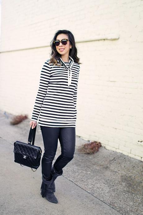 target striped tunic, leather leggings, chanel backpack, isabel marant pour H&M fringe boots