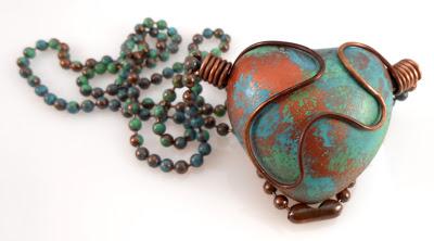 Painted heart-shaped bisque bead on copper ball chain nec...