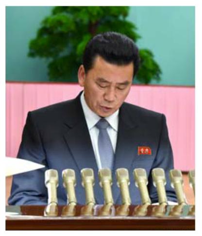 Agricultural Workers Union Commemorates 70th Anniversary UAWK Central Committee Chairman Ri Myong Gil speaks at a meeting marking the agricultural workers' organization's 70th anniversary on January 31, 2016 (Photo: KCNA).