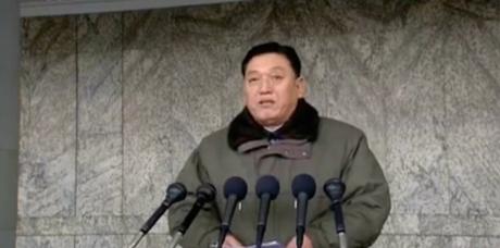 President of the State Academy of Sciences Jang Chol delivers a speech on behalf of DPRK scientists during a mass rally on February 8, 2016 (Photo: KCTV screen grab).