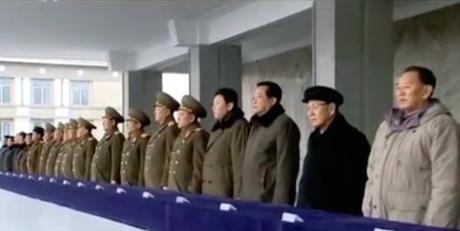 WPK Secretary Kim Yong Chol (right) and WPK Organization Guidance Department Senior Deputy Director Jo Yon Jun (2nd right) with other senior DPRK officials at the mass rally on February 8, 2016 (Photo: KCTV screengrab).