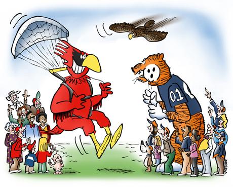 Chick-fil-A 2015 Kickoff Game Auburn Tigers Louisville Cardinals football mascot parachuting onto field fans cheering teams war eagle flying