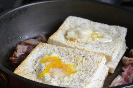 Heart-shaped eggs in toast.