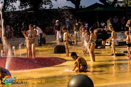 I’m Sailing Away on a Rhine River Cruise Children playing in the fountain, Koblenz, Germany.