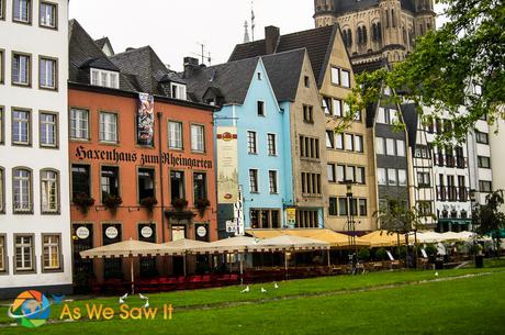 I’m Sailing Away on a Rhine River Cruise Water front buildings in Cologne.