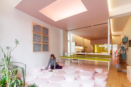 A 6,000-Square-Foot Creative Dreamworld Packed with a Tropical Garden, Neon Rooms, and More Vintage Danish cabinets and custom table in Antwerp renovation.