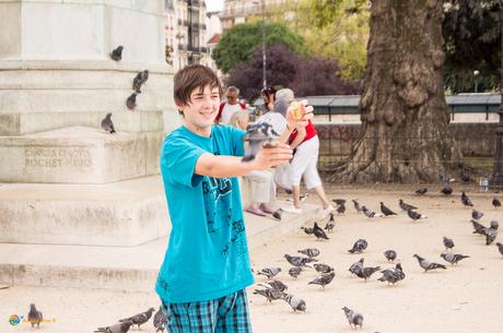 Feeding the pigeons in Paris, France.