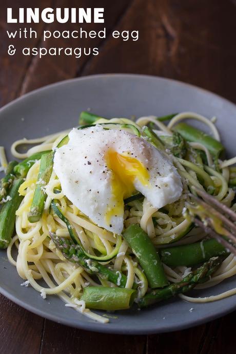 Linguine with Poached Egg and Asparagus Linguine with Poached Egg and Asparagus, an easy 25 minute vegetarian dinner recipe! Optional spiralized zucchini noodle instructions