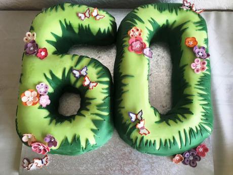 60 birthday cake happy sixtieth sixty shaped homebake fondant decoration green grass flowers and butterflies