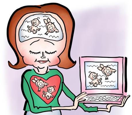detail image of Freelance writer mother with two children on her mind and in her heart channeling her kids into her writing on laptop computer