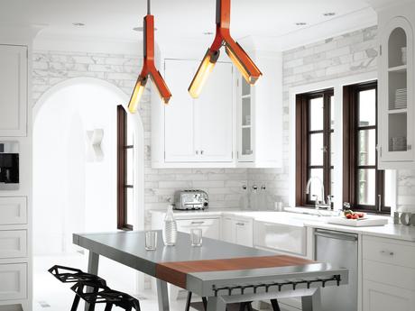 Modern kitchen with Rich Brilliant Willing overhead lighting 