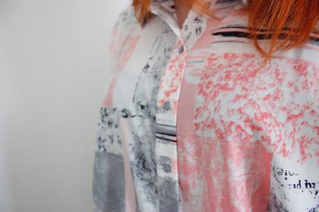 Close up of asos outfit, Oversized Blouse in Contemporary Print 