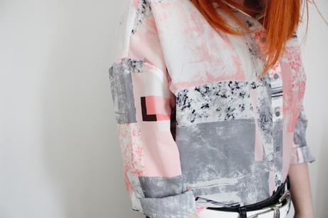 Close up of asos outfit, Oversized Blouse in Contemporary Print 