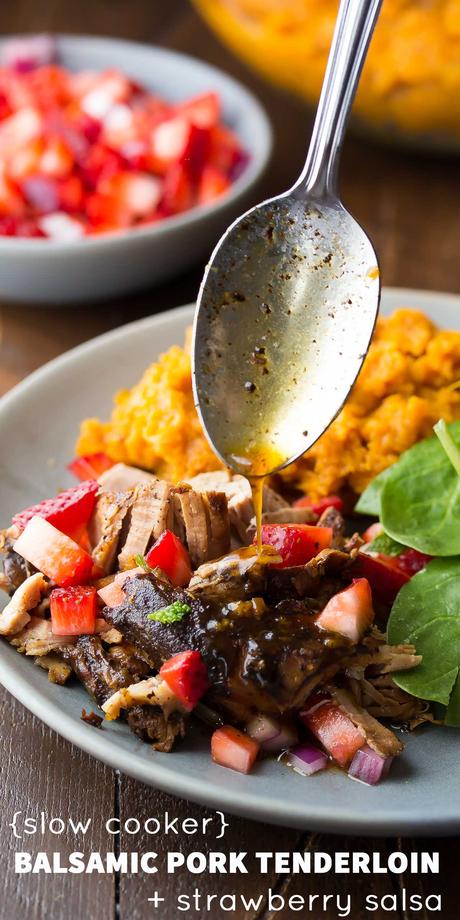 Slow Cooker Balsamic Pork Tenderloin with Strawberry Salsa Slow Cooker Balsamic Pork Tenderloin with Sweet Potatoes and Strawberry Salsa