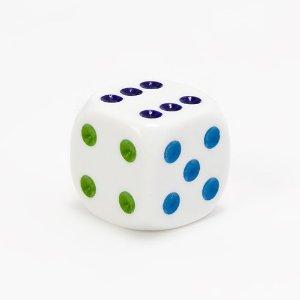 16mm d6 Square Cornered Opaque Dice, White w/Multi-colored Spots - This is a normal, standard-sized die.