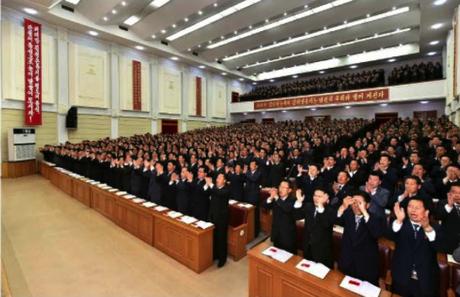 South P’yo’ngan Holds Provincial Party Conference View of delegates (party representatives) drawn from basic party organizations, and city and county WPK committees applaud during South P'yo'ngan's provincial party conference held in P'yo'ngso'ng during April 17 and April 18 (Photo: Rodong Sinmun).