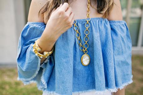 off the shoulder denim top, alice and olivia wide leg pants, julie vos mother of pearl pendant, baroque cuff, siena bangle, how to wear a crop top in your 30s