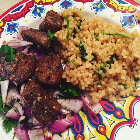 Spiced lamb liver with Israeli couscous.