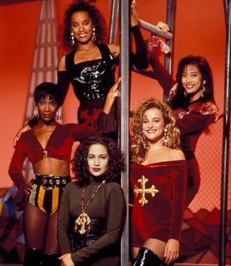The Fly Girls from In Living Color: JLo (lower center) & Carrie Ann Inaba (far right)