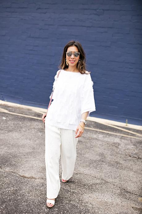 lou & gray fringe sweater,palmer harding pant, all white outfit, rose pink chloe faye bag, dior so real sunglasses