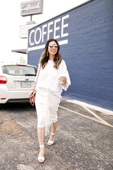 lou & gray fringe sweater,palmer harding fringe skirt, all white outfit, craftwork coffee fort worth