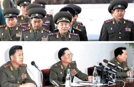 Top former and current officials of the KPA Mission to P'anmunjo'm. Top: A North Korean delegation led by Lt. Gen. Kim Yong-chol (front center) crosses the military demarcation line to attend an inter-Korean military meeting at Panmunjom on Dec. 14, 2007, accompanied by Pak Rim-su (second from left), Ri Son-gwan (left) and Pak Ki-yong (right). Bottom: Pak Ki-yong, Pak Rim-su and Ri Son-gwan (from left) talk at a press conference about the Cheonan sinking in Pyongyang on Friday. (NK Leadership Watch file photos; KCNA, Yonhap).