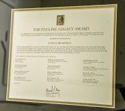A close-up of the Pauling Legacy Award certificate.